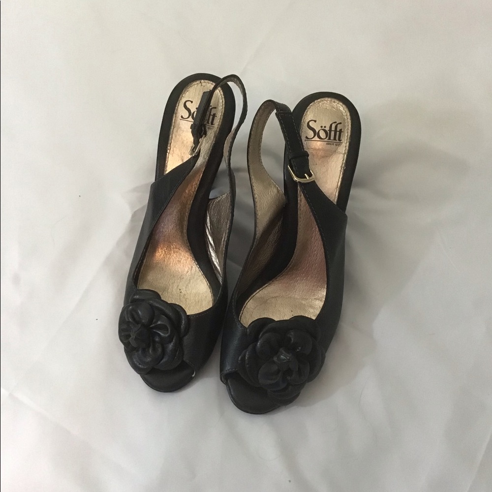 BLACK LEATHER HEELS, SZ 10, OPEN TOE, SLING BACK